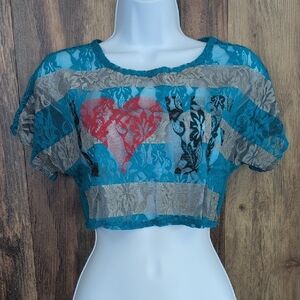 Pink Punch Aqua/Gray/Red Graphic Crop Lace Blouse M